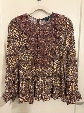 French Connection Brown & Yellow Ruffle Peplum Blouse